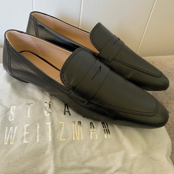 Stuart Weitzman Shoes - Stuart Weitzman Jet Loafer Black Calf Leather Penny Slip On Almond Toe Spain